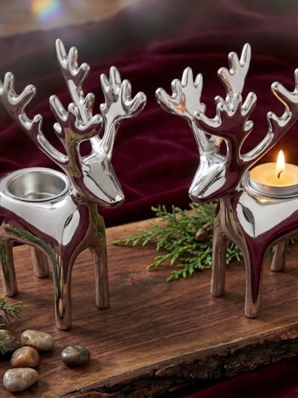 Crate & Barrel Set of 2 Silver Reindeer 7" Tealight Votive Holders Christmas
